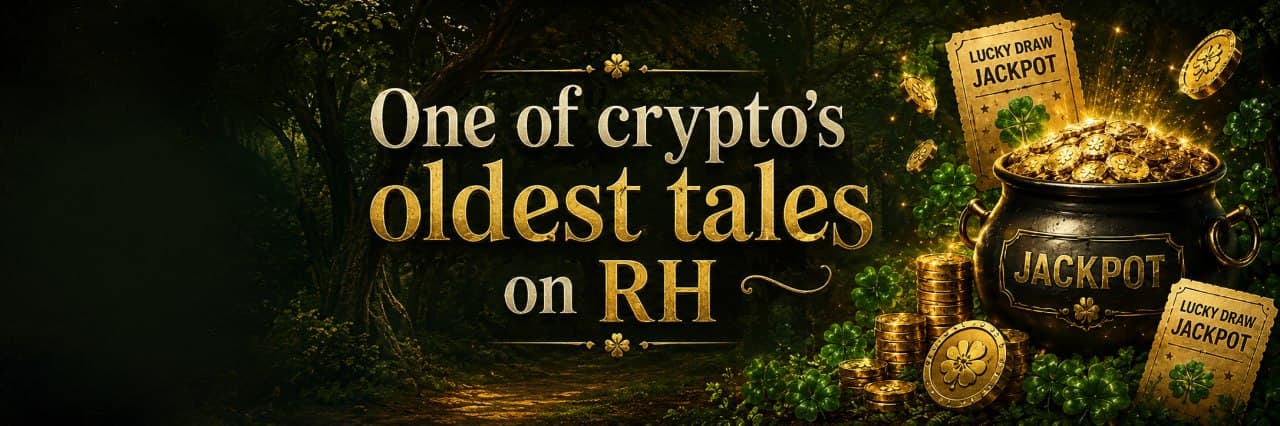 One of crypto’s oldest tales on Robinhood Chain, shown in a dark Sherwood forest beside a glowing jackpot pot