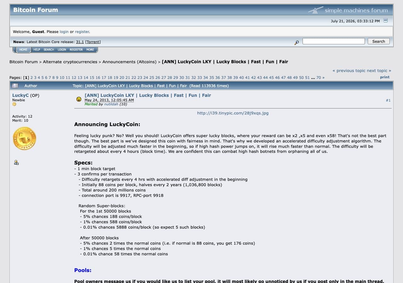 Screenshot of the May 24, 2013 LuckyCoin announcement on Bitcoin Forum describing super lucky blocks and randomized mining rewards
